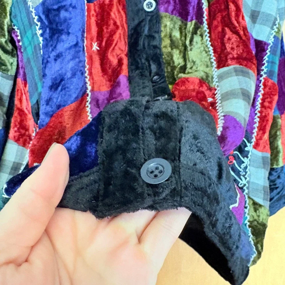 Bedford Fair Patchwork Velvet Plaid Button Down Jacket Women's‎ L Colorful
